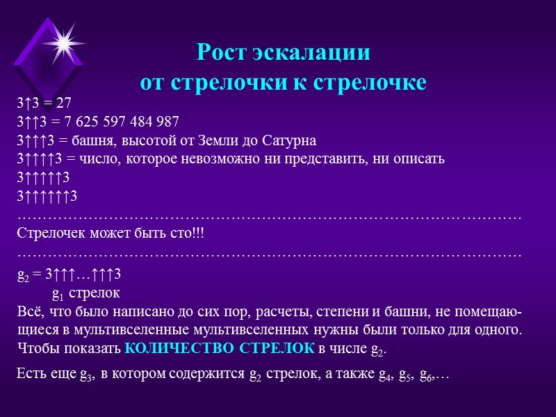 Рост эскалации от стрелочки к стрелочке 3↑3 = 27 3↑↑3 = 7 625 597